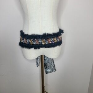 Ibisco Indian Hand‎ Beaded Tie Belt Black Multicolor Sequin Cottage Core Sz L